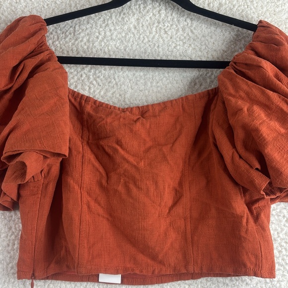 NWT Jonathan Simkhai Womens Orange Jacquard Linen Puff Sleeve Crop Top Size 8 - Picture 9 of 12